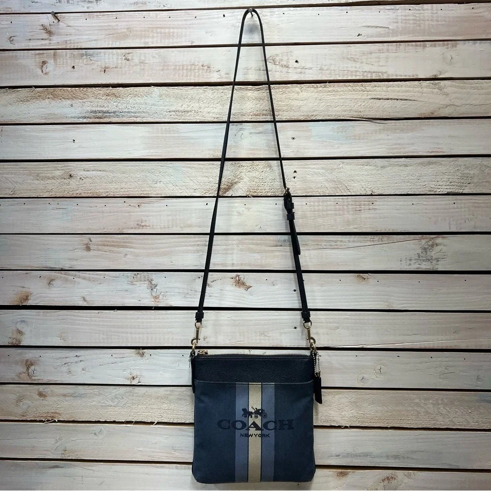 Coach Kitt Crossbody Bag Navy Canvas Stripe Logo Leather Trim F11979 - Picture 3 of 13